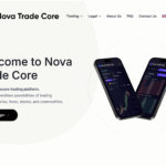 Illustration of a scam trading website with warning signs, highlighting Novatradecore.com as fraudulent compared to regulated brokers.