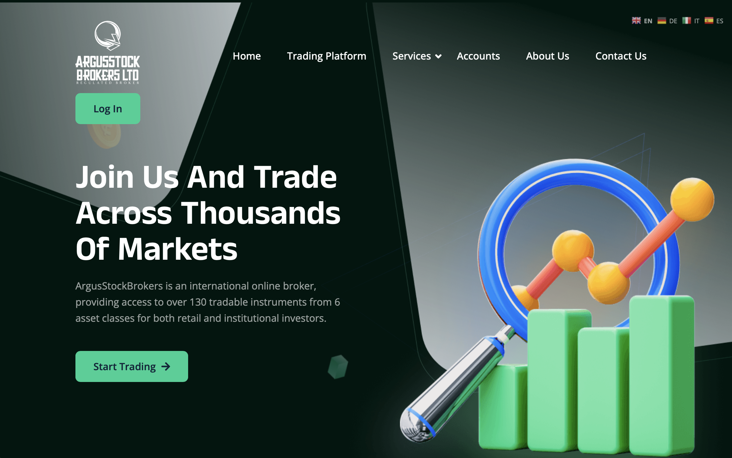 Screenshot of a suspicious trading website with warning signs highlighting Argusstockbrokers.com scam risks.