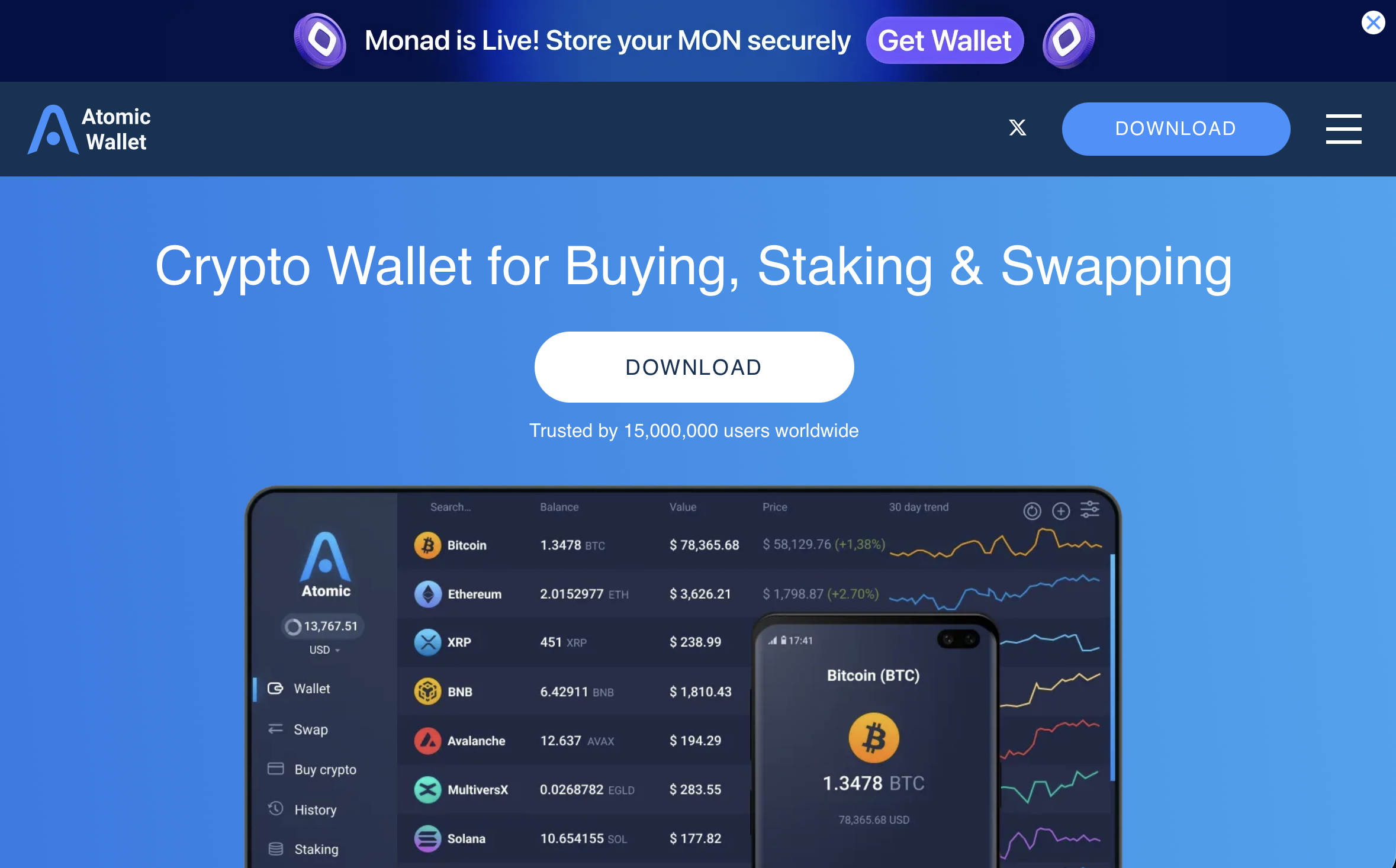 Screenshot of AtomicWallet.io homepage showing misleading crypto wallet interface and scam offers